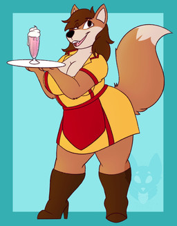 anthro apron beverage black_border black_eyes black_nose blue_background boots border brown_boots brown_clothing brown_footwear brown_hair brown_inner_ear clothed clothed_anthro clothed_female clothing countershade_face countershade_fur countershade_torso countershading dipstick_tail dress eyebrow_through_hair eyebrows eyelashes eyelashes_through_hair female female_anthro footwear fur hair holding_object holding_plate knee_boots knee_highs legwear markings milkshake orange_body orange_fur plate red_apron red_clothing serving_tray shoes simple_background slightly_chubby slightly_chubby_anthro slightly_chubby_female solo strawberry_milkshake tail tail_markings tan_body tan_countershading tan_inner_ear translucent translucent_hair waist_apron waiter yellow_clothing yellow_dress strawberrymilkdog misty_(hastagaspacho) canid canine fox mammal hi_res watermark