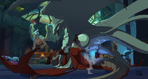 animal_genitalia anus bioluminescence blue_eyes blue_penis bodily_fluids butt claws cum cum_in_vagina cum_inside cum_on_ground cum_string digitigrade duo_focus erection female female_penetrated feral feral_on_feral feral_penetrated feral_penetrating feral_penetrating_feral finger_claws fire genital_fluids genital_slit genitals glowing glowing_genitalia glowing_penis grey_body grey_scales group group_sex inside leaking_cum looking_at_another lying male male/female male_penetrating male_penetrating_female membrane_(anatomy) membranous_wings on_back orgy penetration penis purple_body quadruped red_body red_scales saliva scales sex sharp_teeth snout teeth text toe_claws tongue tongue_out vaginal vaginal_penetration wings pixel_pip european_mythology mythology dragon mythological_creature mythological_scalie scalie western_dragon english_text hi_res shaded watermark