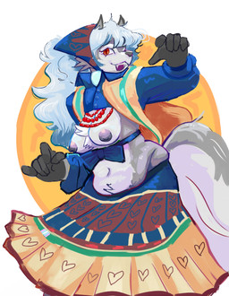 anthro belly_tuft blue_nipples breasts chest_tuft clothed clothing dress exposed_breasts fangs female fur gloves grey_body grey_fur hair handwear headgear headkerchief headwear jewelry kerchief minoan navel necklace nipples open_mouth orange_eyes pointy_ears prick_ears sharp_teeth simple_background slightly_chubby slightly_chubby_female snout solo tail teeth tuft white_body white_fur white_hair mopidog mopi_(mopidog) canid canine canis mammal wolf 2026 hi_res trans_(lore) trans_woman_(lore)