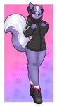 big_sweater black_clothing black_footwear black_shoes clothing electronics female fluffy fluffy_tail footwear fur hair_bows headphones long_tail purple_body purple_fur solo tail track_sweater chainilla aggretsuko sanrio shikabane_(aggretsuko) mammal mephitid skunk absurd_res hi_res