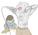 ambiguous_gender anthro brown_hair clothed clothing drum duo eyes_closed fur hair long_ears male musical_instrument open_mouth percussion_instrument simple_background tattoo topless white_background white_body white_fur bebetterbop death_grips undertale undertale_(series) asriel_dreemurr frisk_(undertale) boss_monster_(undertale) bovid caprine goat human mammal 2015