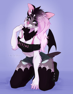 anthro biped bottomwear breasts claws clothed clothed_anthro clothed_female clothing ear_piercing female fingers footwear front_view fully_clothed fully_clothed_anthro fully_clothed_female hair inner_ear_fluff kneeling looking_at_viewer pants piercing shoes simple_background smile solo tail teeth topwear tuft wings ei-ka bat mammal 2026 digital_drawing_(artwork) digital_media_(artwork) hi_res