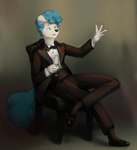 anthro black_tie_(suit) blue_hair bow_(feature) bow_in_front bow_tie chair champagne_glass clothing container cuff_links cummerbund cup drinking_glass fur furniture glass glass_container glass_cup hair male raised_hand solo suit white_body white_fur sunhuiz george_(sunhuiz) canid canine canis domestic_dog mammal hi_res