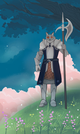 5_fingers anthro armor axe battle_axe black_nose clothed clothing fingers fur grass grey_body grey_fur inner_ear_fluff knight orange_eyes outside plant solo standing tree tuft warrior whiskers white_inner_ear_fluff bedsheetwalking domestic_cat felid feline felis mammal absurd_res hi_res