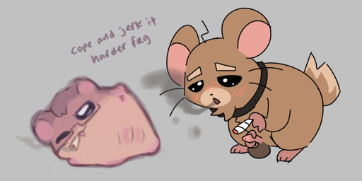 brown_body brown_fur chibi drugs duo female feral fur genitals grey_background homophobic_slur male marijuana masturbation simple_background slur smoke smoking text vulva clockstops3am conditional_dnp not_a_furfag cricetid hamster mammal rodent artist_collaboration english_text