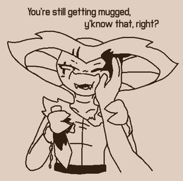 3_fingers ambiguous_gender anthro blush blush_lines chain claws clothing cuff_(restraint) dagger dialogue duo eye_scar eyebrow_slit eyebrows faceless_ambiguous faceless_character facial_scar female female_anthro finger_claws fingers hand_on_cheek holding_arm holding_knife holding_melee_weapon holding_object holding_weapon knife looking_at_viewer melee_weapon narrowed_eyes one_eye_closed open_mouth restraints robbery scar shackles smile snake_hood solo_focus squint talking_to_viewer text threatening threatening_with_weapon topwear torn_clothing torn_topwear weapon couldbestella deadlock_(game) european_mythology greek_mythology mythology valve vyper_(deadlock) gorgon reptile scalie snake english_text monochrome