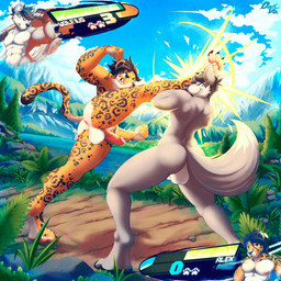abs anthro anus athletic athletic_anthro athletic_male balls brown_hair brown_spots butt cheek_tuft digitigrade duo erection facial_tuft fur gameplay_mechanics genitals grey_body grey_fur gui hair half-closed_eyes health_bar humanoid_genitalia humanoid_penis kick male markings multicolored_body multicolored_fur muscle_tone narrowed_eyes nude nude_fight outdoor_nudity outside pawpads paws pecs penis perineum pink_pawpads raised_leg smile smirk smug smug_face smug_grin spots spotted_body spotted_fur spotted_markings tuft two_tone_body two_tone_fur white_body white_fur yellow_body yellow_fur dustythebat wolfius canid canine canis felid jaguar mammal pantherine wolf 1:1 hi_res
