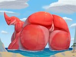 anthro anus beach bent_over big_butt bodily_fluids breasts butt detailed_background female genital_fluids genitals huge_butt macro nude nude_beach outdoor_nudity outside pussy red_body skinny_dipping solo vaginal_fluids pancarta the_sea_beast red_(the_sea_beast) red_bluster sea_monster 4:3 absurd_res hi_res