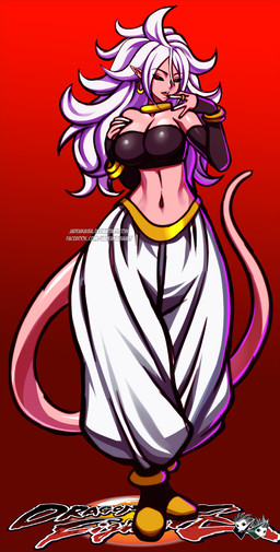 anklet arm_warmers armwear big_breasts black_nails black_sclera bracelet breasts clothing colored_nails ear_piercing female gold_(metal) gold_jewelry gradient_background hair humanoid_pointy_ears jewelry long_hair nails navel neck_ring not_furry open_mouth piercing pink_body pink_skin pink_tail pointy_ears red_background red_eyes ring simple_background solo standing tail teeth tongue white_hair jadenkaiba dragon_ball dragon_ball_fighterz android_21 majin_android_21 alien alien_humanoid humanoid majin 2018 hi_res