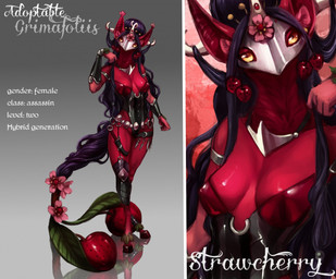 clothing corset dagger female food fruit hair hooves horn jewelry kunai leaf lingerie long_hair looking_at_viewer mask melee_weapon necklace plant red_body red_skin simple_background solo standing strawberry text topwear weapon wide_hips yellow_eyes thescarletartist humanoid unknown_species english_text