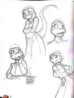 anthro breasts clothing coffee_mug container cup dress female long_tail medium_breasts mug non-mammal_breasts smile solo tail jamil_gonzalez luellen_cunningham gecko lizard reptile scalie guide_lines hi_res sketch sketch_page
