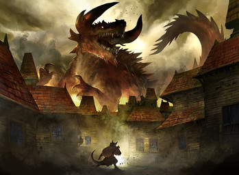 ambiguous_gender anthro bag building cloud duo extreme_size_difference feral horn house macro open_mouth sharp_teeth size_difference standing tail teeth tongue tongue_out town kekai_kotaki hasbro magic:_the_gathering wizards_of_the_coast kobold scalie tarrasque hi_res official_art