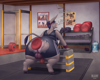 accessory anal animal_genitalia animal_penis anthro backsack balls barbell basement big_balls big_butt blue_eyes blue_hair bodily_fluids bottomwear butt buttplug clothing dialogue equine_genitalia equine_penis exercise flaccid genitals grey_body gym hair headband hooves huge_butt leaning leaning_forward long_ears looking_back lube_bottle male musk overweight penis plug_(sex_toy) plug_insertion presenting presenting_hindquarters rear_view sex_toy solo steam stretching sweat sweatband sweaty_body sweaty_butt tail thick_thighs torn_bottomwear torn_clothing unitard warm wide_hips workout wristband blarf don_(blarf) asinus donkey equid equine mammal absurd_res hi_res tagme