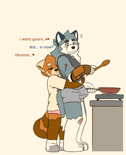 anthro balcony band-aid bandage blue_body blue_fur blush blush_lines brown_body brown_fur clothing cookware countershade_arms countershade_ears countershade_legs countershade_tail countershade_torso countershading duo eye_scar facial_scar fondling footwear frying_pan fur grey_clothing kitchen_utensils male markings neck_tuft orange_body orange_fur oversized_clothing panicking pink_clothing scar socks striped_body striped_fur striped_markings striped_tail stripes tail tail_markings tools tuft white_body white_clothing white_fur young imnothere hi_res adult_(lore)