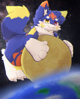 4_fingers ambiguous_gender anthro blue_body blue_fur blue_tail blush bodily_fluids cheek_markings claws dipstick_ears dipstick_tail ear_markings earth eyebrows facial_markings fingers forehead_markings fur giga head_markings heterochromatic_ears heterochromia hugging_planet inner_ear_fluff kemono leg_markings macro markings moon_(marking) multicolored_ears orange_ear_tips orange_markings pink_eyes planet space sun_(marking) sweat tail tail_markings terra_macro tuft white_claws white_eyebrows white_inner_ear_fluff white_ruff yellow_ear_tips yellow_eyes yellow_markings yellow_tail_tip xennochan production_taiikukan jupiter_(jupiter48k) canid canine fox mammal hi_res