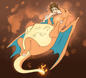 abdominal_bulge ambiguous_gender ambiguous_pred belly big_belly brown_hair feral feral_pred hair human_prey neck_bulge oral_vore orange_body vore wings paradoxinhead nintendo pokemon charizard generation_1_pokemon human mammal pokemon_(species) hi_res