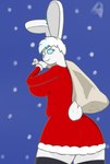 black_clothing black_legwear blue_eyes caramel_(pa) clothing costume fur legwear sack santa_costume tail white_body white_fur poniahs gambit_enjoyer(pa) lagomorph leporid mammal rabbit 2024 digital_media_(artwork) signature