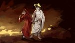 anthro clothing duo fire hand_holding hell laurel_wreath male male/male no_shoes red_clothing roman_clothing toga white_clothing sunhuiz dante's_inferno divine_comedy dante_alighieri publius_vergilius_maro canid canine canis mammal wolf hi_res