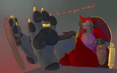 4_toes anthro claws clothing dialogue digit_ring feet flip_flops foot_fetish foot_focus footwear jewelry looking_at_viewer male pawpads paws ring sandals shoes soles solo talking_to_viewer toe_claws toe_ring toes lockheed_martini pyrow demon hybrid sergal absurd_res hi_res