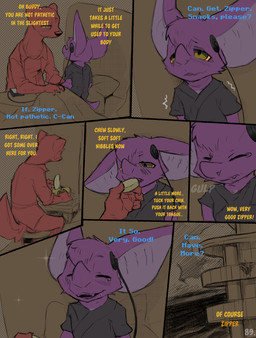 anthro banana bed big_ears blue_text clothed clothing device dialogue duo eating eating_food eyes_closed eyes_mostly_closed food fruit furniture groggy narrowed_eyes plant screen sleeping text under_covers waking_up white_text yellow_eyes yellow_text conditional_dnp dacad tyler_(dacad) zipper_(dacad) bat domestic_ferret mammal mustelid musteline true_musteline weasel comic english_text hi_res restricted_palette