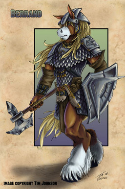 anthro armor axe barefoot biped blonde_hair brown_body brown_fur feet fur green_eyes hair hooves long_hair long_tail male medieval melee_weapon multicolored_body multicolored_fur pose shield solo tail two_tone_body two_tone_fur weapon white_body white_fur stasis_delirium berrand equid equine horse mammal 2008