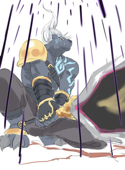 anthro armor black_body black_fur claws fur greatsword hair male melee_weapon muscular muscular_anthro muscular_male pauldron pecs raining solo sword weapon white_hair st14_kr010 bandai_namco digimon digimon_beatbreak digimon_(species) felid mammal murasamemon pantherine hi_res