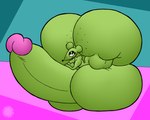 abstract_background anthro balls bedroom_eyes big_balls big_butt big_penis black_nose blue_background bottom_heavy bubble_butt butt butt_squish crossed_arms curvy_figure erection eyelashes femboy freckled_butt freckled_face freckled_shoulders freckles fur genitals glans glistening_eyelids green_body green_fur huge_balls huge_butt huge_penis humanoid_genitalia humanoid_penis hyper hyper_balls hyper_butt hyper_genitalia hyper_penis logo looking_at_viewer lying male narrowed_eyes nude on_front penis pink_background pink_glans seductive simple_background small_waist smile solo squish thick_thighs thatdawgmurray randal_(rexon02) mammal mouse murid murine rodent artist_logo artist_name signature watermark