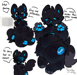 alternate_species anthro belly blue_eyes blue_pawpads blue_tongue furrification half-closed_eyes looking_away machine male narrowed_eyes navel open_mouth pawpads personification simple_background sitting solo talking_to_viewer text thick_thighs tongue tongue_out white_background winteriris42 steam_(software) steam_machine_(2026) valve valve_corporation valve_hardware domestic_cat felid feline felis mammal robot 2025 absurd_res colored_sketch digital_drawing_(artwork) digital_media_(artwork) english_text hi_res shaded sketch