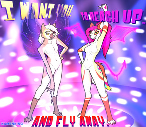anthro beak black_sclera breasts brown_body brown_feathers duo feathers featureless_breasts featureless_crotch feet female fur graffiti hair hand_on_hip male markings pink_hair raised_hand spade_tail star_(marking) tail talons text toes white_body white_feathers white_fur white_hair wings yellow_eyes kamenking panty_and_stocking_with_garterbelt colorbomb_(kamenking) kamen_king_(character) avian bird canid canine canis coyote eastern_screech_owl mammal owl screech_owl true_owl english_description english_text hi_res nonbinary_(lore)
