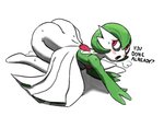 after_sex all_fours ambiguous_gender big_butt blush bodily_fluids breath butt cum dialogue genital_fluids looking_back not_furry open_mouth puddle red_eyes simple_background solo sweat text three-quarter_view white_background oofrowdy nintendo pokemon gardy_(oofrowdy) gardevoir generation_3_pokemon pokemon_(species) english_text