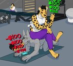 all_fours anthro dominant dominant_female duo electronics exercise_ball exercise_mat female financial_domination living_chair male male/female objectification phone reflection sitting sitting_on_another submissive submissive_male workout_clothing ausjamcian ych_(character) cheetah felid feline mammal