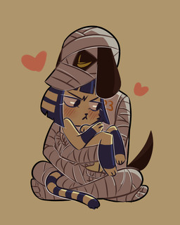 abstract_background anthro bangs blue_hair blush blush_lines bob_cut duo female hair heart_symbol holding_partner hug looking_aside looking_at_another looking_at_partner male male/female markings monotone_background mummy_wrappings narrowed_eyes on_lap sitting size_difference striped_markings striped_tail stripes tail tail_markings tsundere yellow_body aka-chibi animal_crossing nintendo ankha_(animal_crossing) lucky_(animal_crossing) canid canine canis domestic_cat domestic_dog felid feline felis mammal 2015 4:5 digital_media_(artwork)