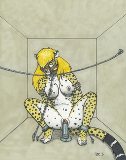 4_toes anthro arms_tied barefoot bdsm biped black_nose blonde_hair bondage bound breasts brown_collar chain chain_leash chained clitoris clitoris_piercing collar cuff_(restraint) dungeon eyes_closed feet female fur gag genital_piercing genitals hair hands_behind_back leash markings muzzle_(object) muzzled nipple_piercing nipples nude penetration piercing plantigrade prisoner restraints rope rope_bondage shackles solo spots spotted_body spotted_fur submissive submissive_anthro submissive_female tan_rope toes vaginal vaginal_penetration vulva vulva_piercing ironbadger cheetah felid feline mammal