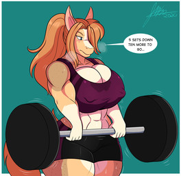 abs anthro barbell biceps big_breasts breasts cleavage clothed clothing deltoids dialogue exercise female green_background huge_breasts muscular muscular_anthro muscular_female nipple_outline shaking simple_background solo text thick_thighs weightlifting weights workout jwinkz equid equine horse mammal english_text hi_res