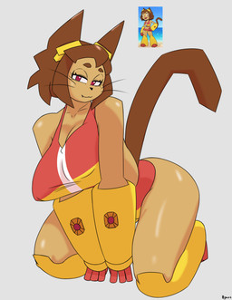 :3 anthro armor bedroom_eyes big_breasts bikini breasts brown_body brown_fur brown_hair brown_tail clothed clothed_anthro clothed_female clothing female fingers fur gauntlets gloves grey_background hair half-closed_eyes handwear huge_breasts humanoid_hands kneeling looking_at_viewer medium_hair narrowed_eyes nipple_outline pose red_eyes seductive side_butt simple_background solo swimwear tail text thick_thighs two-piece_swimsuit whiskers hyuvevo gameoverse glitch_productions kit_bodega felid feline mammal absurd_res artist_name colored full-length_portrait hi_res pinup portrait reference_image shaded
