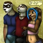 1:1 2013 anthro aquamarine_(gem) belly bite biting_lip biting_own_lip black_nose blue_eyes blue_hair bottomwear brown_body brown_eyes brown_fur brown_hair bulge claws clothed clothing colored conditional_dnp crossdressing dialogue digital_media_(artwork) domestic_ferret english_text erection erection_under_clothing eyebrows eyewear facial_hair facial_markings femboy fur gem gesture glasses group hair hand_gesture head_markings heterochromia humanoid_hands jewelry kelchan lips long_hair male mammal markings mask_(marking) midriff multicolored_body multicolored_fur multicolored_hair mustelid musteline nateday navel necklace open_mouth otter pants pendant pink_nose pink_tongue pointing ponytail question reaction_image scott_otter self_bite shirt short_hair simple_background skylor_(character) slim slouching speech_bubble standing tan_belly tan_body tan_fur tank_top teeth tenting text tongue topwear true_musteline weasel white_body white_fur zoey03