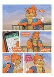 absurd_res anthro bottomwear buizel chest_tuft chinese_text clothed clothing comic comic_panel dialogue electronics english_text fence generation_4_pokemon gralicbutter hi_res jumping male message navel nintendo pants phone pokemon pokemon_(species) solo sunset text translation_request tuft