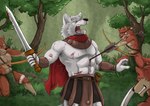 anthro arrow_(weapon) bottomwear bow_(weapon) clothing forest fur group loincloth male male/male melee_weapon orange_body orange_fur plant ranged_weapon sword tree tribal warrior weapon white_body white_fur wounded baroque_(artist) canid canine canis mammal wolf