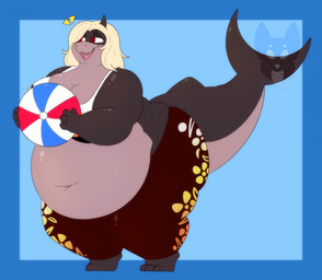 anthro ball beach_ball belly big_belly big_breasts big_butt biped black_bottomwear black_clothing black_pants blonde_hair blue_background blue_border border bottomwear breasts butt clothing crop_top cute_fangs dorsal_fin emanata fangs female female_anthro fin glistening glistening_body hair head_fin holding_ball holding_beach_ball holding_object huge_belly inflatable navel non-mammal_breasts non-mammal_navel obese obese_anthro obese_female overweight overweight_anthro overweight_female pants red_eyes shark_tail shirt simple_background solo tail teeth thick_tail topwear white_clothing white_crop_top white_topwear yellow_emanata strawberrymilkdog aquatic fish shark 2023 hi_res watermark