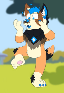 anthro blue_eyes claws eyebrows female fur gender_transformation grass mid_transformation mtf_transformation outside plant raised_eyebrow raised_leg solo surprise_transformation surprised tan_body tan_fur transformation tree detectivecoon bluey_(series) chilli_heeler hi_res