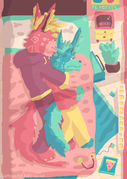 alarm_clock anthro bed bedroom big_spoon blouse blue_body blue_fur bottomwear brown_nose carpet cassette_player clock clothed clothing cozy cuddling duo floor food fully_clothed fur fur_markings furniture heater hug male male/male markings morning nightstand pants pillow pink_body pink_fur pizza plant poster purple_blouse red_blouse red_bottomwear red_clothing red_pants rug simple_colors spooning sunrise topwear wood wood_floor yellow_body yellow_bottomwear yellow_clothing yellow_fur yellow_pants garbage_art canid canine canis domestic_dog mammal 2025 absurd_res hi_res restricted_palette