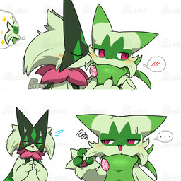 :3 ambiguous_anthro ambiguous_gender anthro black_claws blush blush_lines bodily_fluids cheek_tuft claws dipstick_ears duo ear_markings eyes_closed facial_tuft fangs fur gloves_(marking) green_body green_fur kemono licking markings mask multicolored_ears narrowed_eyes open_mouth open_smile pawpads paws personal_grooming pink_eyes pink_pawpads simple_background smile sparkles speech_bubble sweat sweatdrop teeth thought_bubble tongue tongue_out tuft white_background white_claws tontaro nintendo pokemon felid feline floragato generation_9_pokemon mammal meowscarada pokemon_(species) 1:1 2026 2d_animation animated frame_by_frame loop signature watermark
