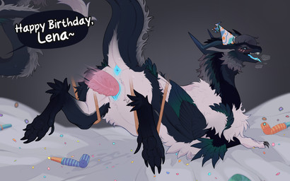 2_horns 5_toes ambiguous_penetrating_feral anus bdsm birthday birthday_party birthday_sex black_claws blue_anus blue_body blue_eyes blue_feathers blue_fur blue_horn blue_tongue blue_vulva blush bondage bound breath buccinator claws clothing countershade_ears countershade_fur countershade_tail countershade_torso countershading dewclaw digitigrade disembodied_penis feathered_wings feathers feet female female_penetrated feral finger_claws fingers folded_wings fur genitals grey_body grey_fur grey_mane hat headgear headwear horn looking_at_viewer looking_back looking_back_at_viewer lying male male/female male_penetrating male_penetrating_female mane multicolored_body multicolored_fur on_bedding on_front open_mouth panting party_hat pawpads paws penetration penile penile_penetration penis penis_in_vagina pink_penis pointy_ears presenting pupils quadruped raised_tail rear_view ridged_penis sex side_view slit_pupils smooth_horn solo spread_legs spreading suspension tail tail_anus tail_tuft tapering_tail teeth toe_claws toes tongue tongue_out tuft underpaw vaginal vaginal_penetration vulva wavy_horn white_body white_fur white_tail_tuft wings kanaeshka mythology dragon feathered_dragon feathered_scalie furred_dragon furred_scalie mythological_creature mythological_scalie scalie 16:10 absurd_res alternate_version_at_source digital_drawing_(artwork) digital_media_(artwork) flat_colors hi_res widescreen