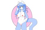 anthro big_breasts blue_eyes blue_hair breasts female genitals hair hand_behind_head hand_on_hip long_hair looking_at_viewer navel nipples pubes pussy simple_background solo standing tail fu felid feline mammal 2023 3:2 dated hi_res portrait signature three-quarter_portrait