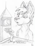 anthro clock clocktower dialogue duo fur hair hypnosis hypnotic_eyes macro male mind_control outside ringed_eyes text flinters rooth kangaroo macropod mammal marsupial english_text hi_res monochrome