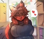 anthro big_breasts black_nose blurred_background breasts brown_body brown_fur brown_hair clothed clothing cute_fangs emanata eyes_closed fangs female female_anthro fur hair happy heart_symbol huge_breasts kemono open_mouth open_smile pupils red_body red_fur ribbed_clothing ribbed_sweater smile smiling_at_viewer solo sweater tail teeth topwear onikuman franchesca_(garasaki) canid canine fox mammal 2021 digital_media_(artwork) half-length_portrait hi_res portrait translated_description