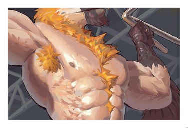 abs anthro beak beak_closed biceps big_muscles border chest_tuft elbow_feathers front_view fur holding_object male mouth_closed muscular muscular_anthro muscular_male nipples nude nude_anthro nude_male pecs pose solo torso_shot tuft white_border yellow_body yellow_fur kingarthur_i avian 2024 digital_drawing_(artwork) digital_media_(artwork) half-length_portrait hi_res portrait
