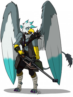 anthro armor breasts clothing collar colored_claws colored_fingernails colored_nails feathers feet_wraps female fingernails fur grey_body grey_feathers grey_fur gun machine_gun nails pip-boy ranged_weapon sleeveless_clothing solo spiked_armor spiked_collar spikes teal_eyes tight_clothing weapon wings goldengryphon fallout microsoft mythology raider_(fallout) sierra_(goldengryphon) avian gryphon mythological_avian mythological_creature hi_res