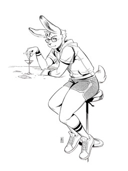 anthro bar_stool bottomwear clothed clothing dolphin_shorts eyewear footwear furniture glasses hoodie hotpants male plantigrade rectangular_glasses shoes shorts simple_background sitting sneakers socks solo stool topwear cckatoo lagomorph leporid mammal rabbit 2022 3:4 absurd_res hi_res monochrome