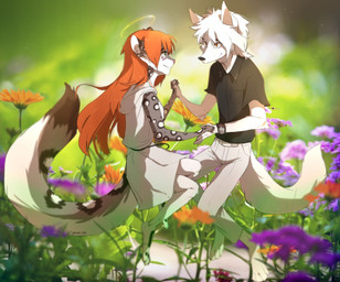 4_toes anthro barefoot clothed clothing duo feet female flower halo hand_holding male male/female outside paws plant plantigrade smile standing toes hihikori canid canine felid fox mammal source_request unavailable_at_source